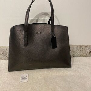 Coach Large Metallic Graphite Leather Satchel. 14x10x4